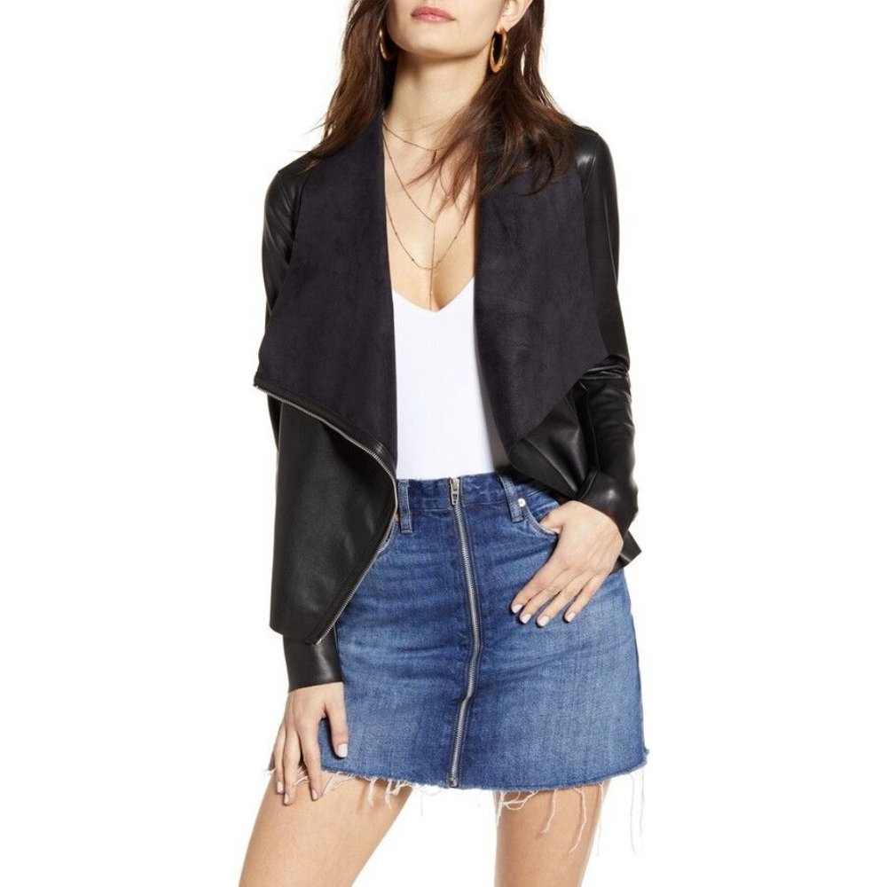 Blank NYC Black Draped Faux Leather & Suede-Texture Jacket, Sz. Medium